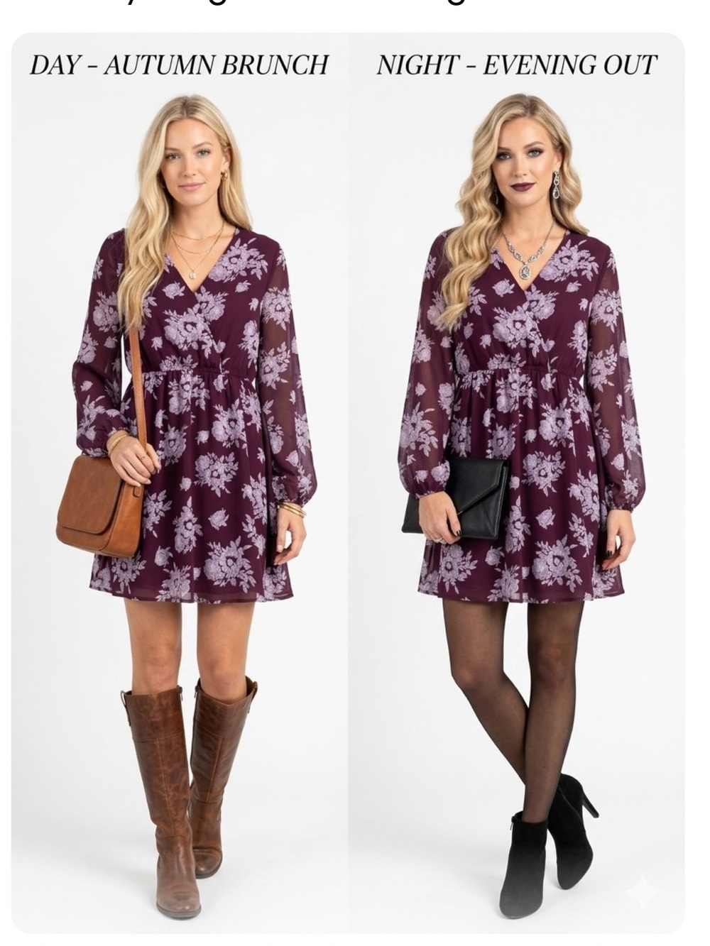 Mia & Tess Burgundy V-Neck Long Sleeve Floral Pattern Elastic Waist Mini Dress